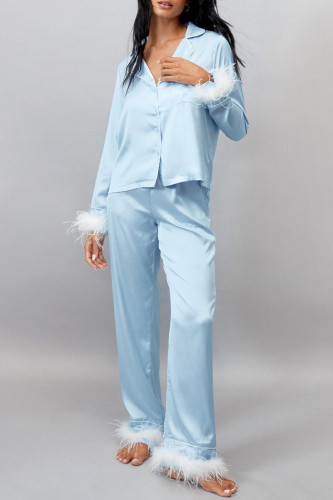 Daily Solid Color Buttons Feather Trim Sleepwear