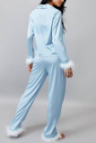 Daily Solid Color Buttons Feather Trim Sleepwear