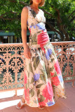 Elegant Floral Print Contrast V Neck Waist Skirt Dresses