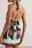 Sexy Vacation Geometric Print Lace Up Chains Halter Printed Dresses