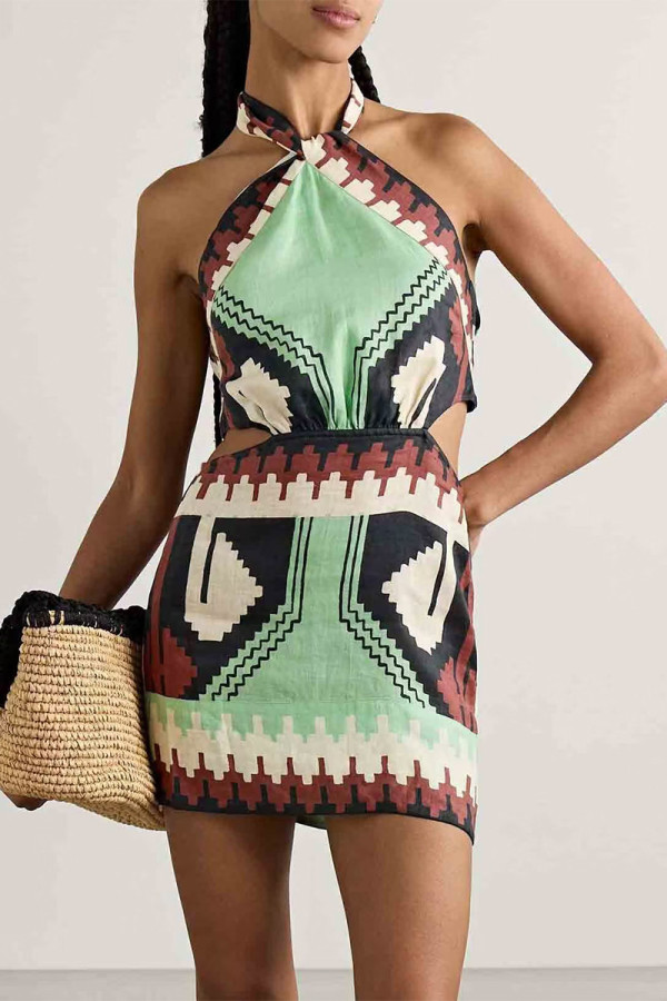 Sexy Vacation Geometric Print Lace Up Chains Halter Printed Dresses