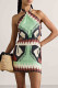 Sexy Vacation Geometric Print Lace Up Chains Halter Printed Dresses