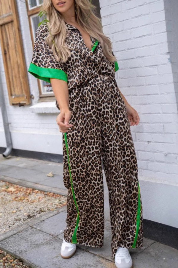 Casual Street Leopard Patchwork Turndown Collar Short Sleeve Two Pieces