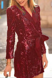 Sexy Solid Color Sequins Lace Up Turn-back Collar Suit Dresses