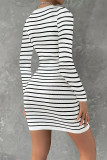 Casual Stripe Pocket Buttons Contrast U Neck Wrapped Skirt Dresses