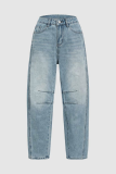 Casual Solid Color Distressed Contrast Mid Waist Denim Jeans