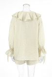 Casual Daily Solid Color Lace Up Ruffle V Neck Long Sleeve Two Pieces