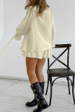 Casual Daily Solid Color Lace Up Ruffle V Neck Long Sleeve Two Pieces