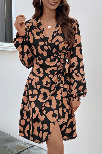 Elegant Geometric Print Lace Up Contrast V Neck Irregular Dresses