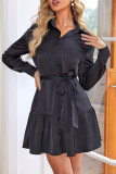 Casual Solid Color Lace Up Ruffle Turndown Collar Shirt Dresses