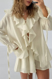 Casual Daily Solid Color Lace Up Ruffle V Neck Long Sleeve Two Pieces