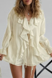 Casual Daily Solid Color Lace Up Ruffle V Neck Long Sleeve Two Pieces