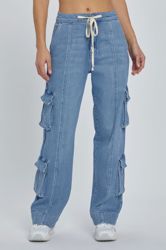 Casual Solid Color Pocket Patchwork Loose Denim Jeans