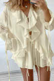 Casual Daily Solid Color Lace Up Ruffle V Neck Long Sleeve Two Pieces