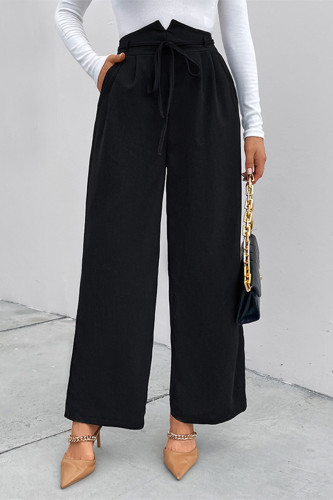 Casual Solid Color Pocket Patchwork Loose High Waist Straight Solid Color Bottoms