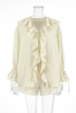 Casual Daily Solid Color Lace Up Ruffle V Neck Long Sleeve Two Pieces