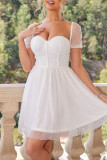 Sexy Solid Color Mesh Square Neck A Line Short Sleeve Dress