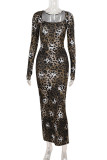 Sexy Leopard Contrast Square Neck One Step Skirt Dresses