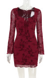 Sexy Flowers Lace Up Patchwork Square Neck Wrapped Skirt Dresses