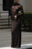 Sexy Solid Color Lace See-Through Half A Turtleneck Long Sleeve Two Pieces