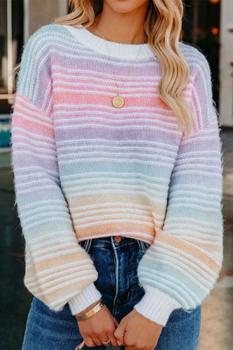 Casual Stripe Patchwork Contrast O Neck Tops