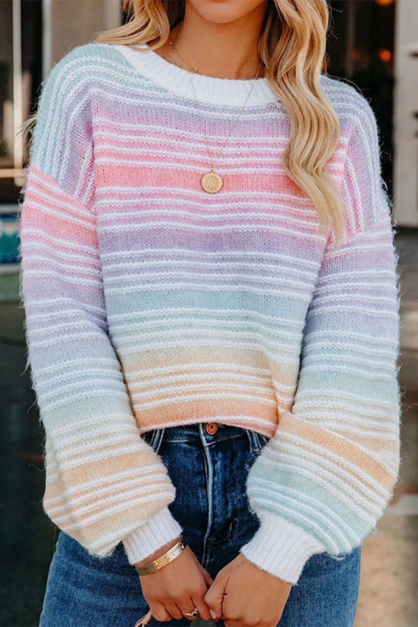 Casual Stripe Patchwork Contrast O Neck Tops