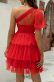 Sexy Party Solid Color Mesh Sloping Shoulder Cake Skirt Dresses