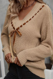 Casual Solid Color Lace Up V Neck Tops