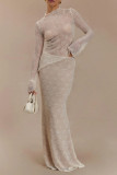 Sexy Solid Color Lace See-Through Half A Turtleneck Long Sleeve Two Pieces