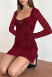 Sexy Flowers Lace Up Patchwork Square Neck Wrapped Skirt Dresses