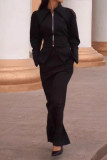 Elegant Solid Color Zipper Turndown Collar Long Sleeve Two Pieces