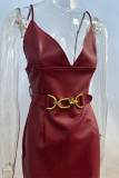 Sexy Solid Color Patchwork Metal Accessories Trim V Neck Sling Dresses