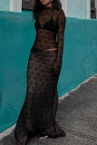 Sexy Solid Color Lace See-Through Half A Turtleneck Long Sleeve Two Pieces