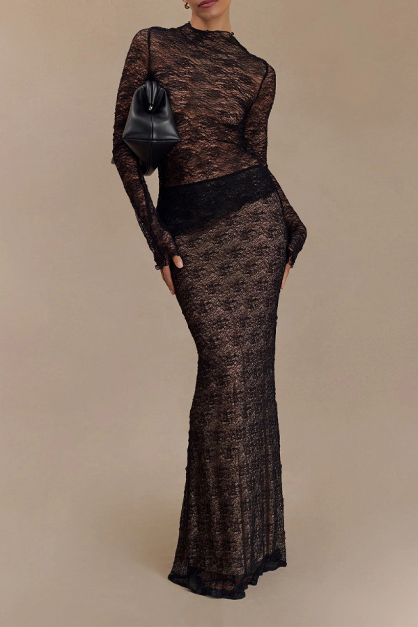 Sexy Solid Color Lace See-Through Half A Turtleneck Long Sleeve Two Pieces