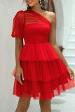 Sexy Party Solid Color Mesh Sloping Shoulder Cake Skirt Dresses