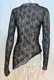 Sexy Solid Color Lace See-Through Half A Turtleneck Long Sleeve Two Pieces