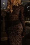 Sexy Solid Color Lace See-Through Half A Turtleneck Long Sleeve Two Pieces