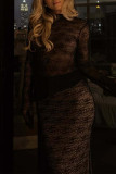 Sexy Solid Color Lace See-Through Half A Turtleneck Long Sleeve Two Pieces
