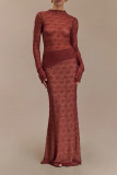 Sexy Solid Color Lace See-Through Half A Turtleneck Long Sleeve Two Pieces