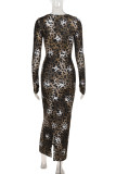 Sexy Leopard Contrast Square Neck One Step Skirt Dresses