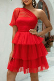 Sexy Party Solid Color Mesh Sloping Shoulder Cake Skirt Dresses