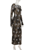 Sexy Leopard Contrast Square Neck One Step Skirt Dresses