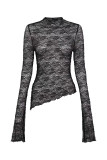 Sexy Solid Color Lace See-Through Half A Turtleneck Long Sleeve Two Pieces