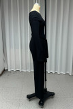 Casual Street Solid Color Slit Ruched Oblique Collar Long Dresses