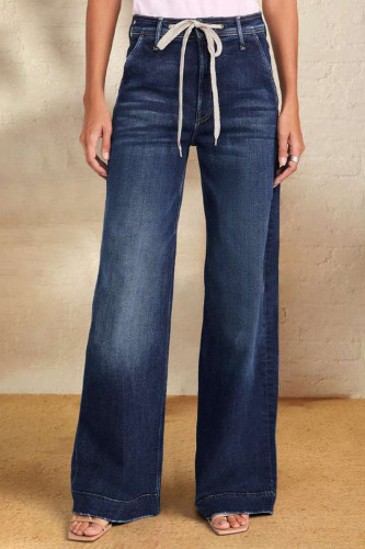 Casual Solid Color Distressed Lace Up High Waist Loose Denim Jeans