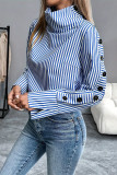 Casual Stripe Buttons Turtleneck Tops