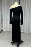 Casual Street Solid Color Slit Ruched Oblique Collar Long Dresses
