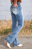 Casual The stars Embroidered Distressed Mid Waist Denim Jeans
