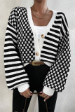 Casual Plaid Buttons Weave Contrast V Neck Outerwear