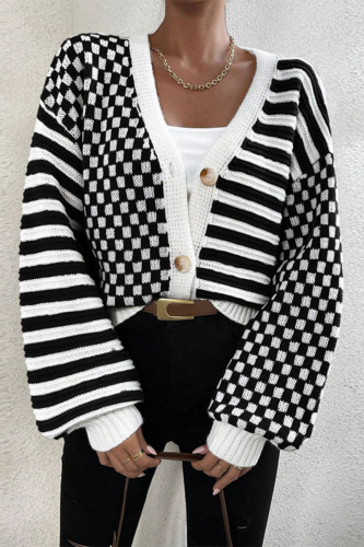 Casual Plaid Buttons Weave Contrast V Neck Outerwear